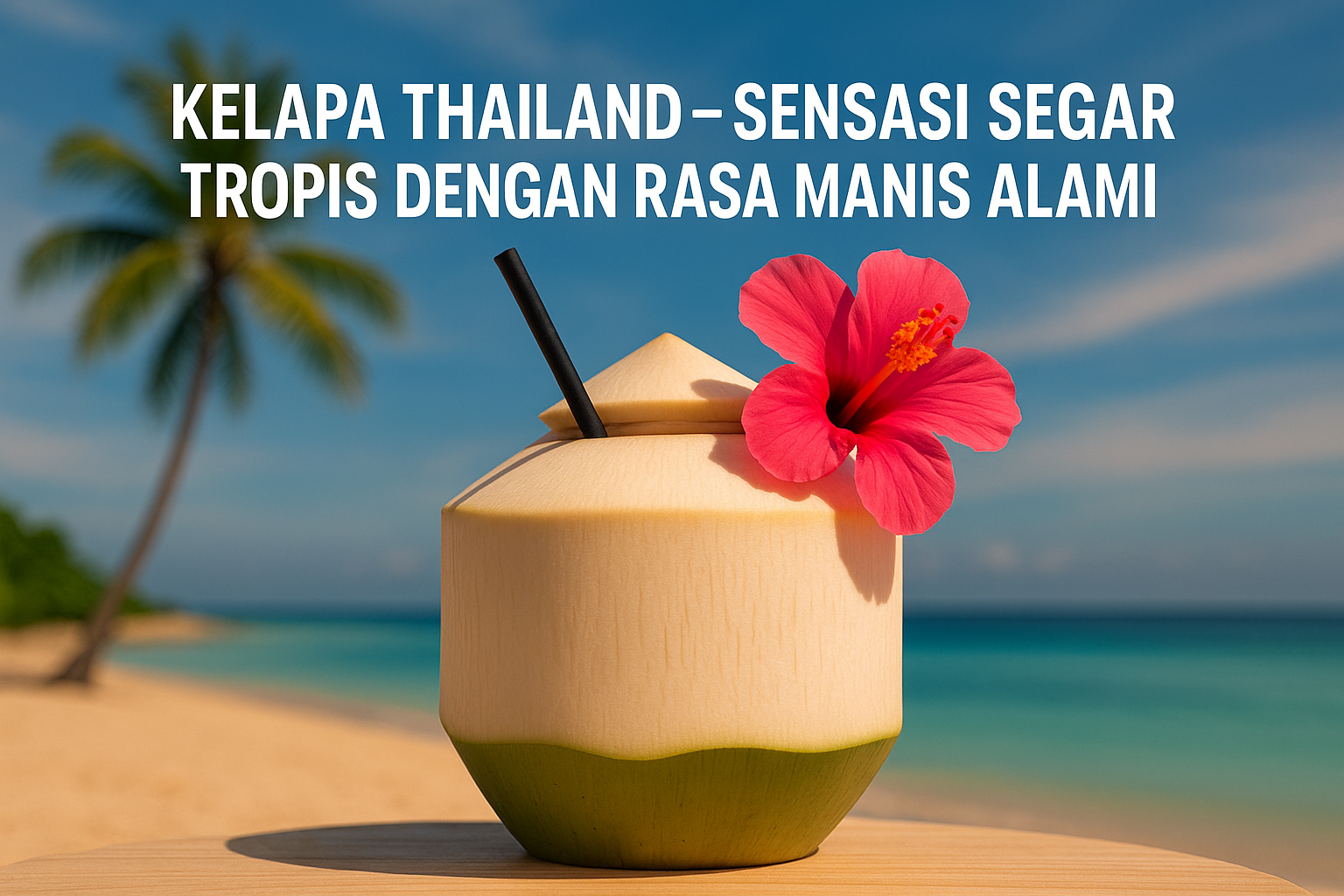 Kelapa Thailand muda terbuka dengan sedotan bambu dan bunga tropis di atas pasir putih pantai, menampilkan suasana tropis segar dengan latar laut biru dan langit cerah yang menenangkan.