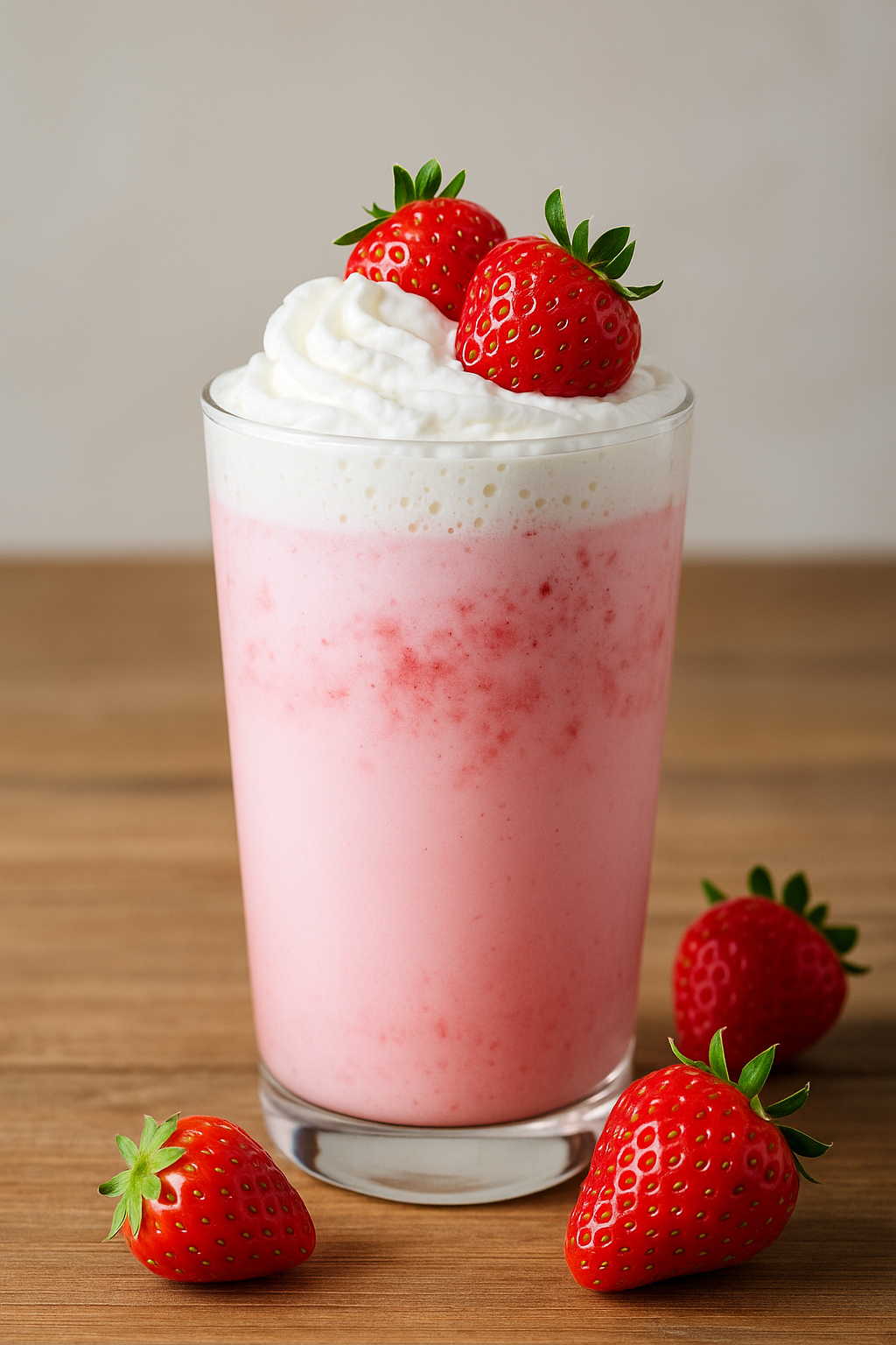 Minuman Whipped Strawberry Milk berwarna pink lembut dengan topping whipped cream dan stroberi segar.