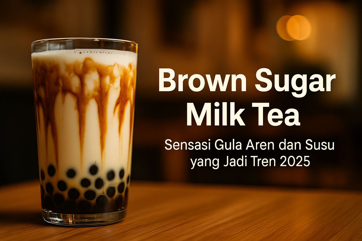 Segelas Brown Sugar Milk Tea dengan lapisan gula aren karamel, susu creamy, dan boba di bagian bawah gelas transparan, diletakkan di atas meja kafe modern dengan pencahayaan hangat yang menggugah selera.