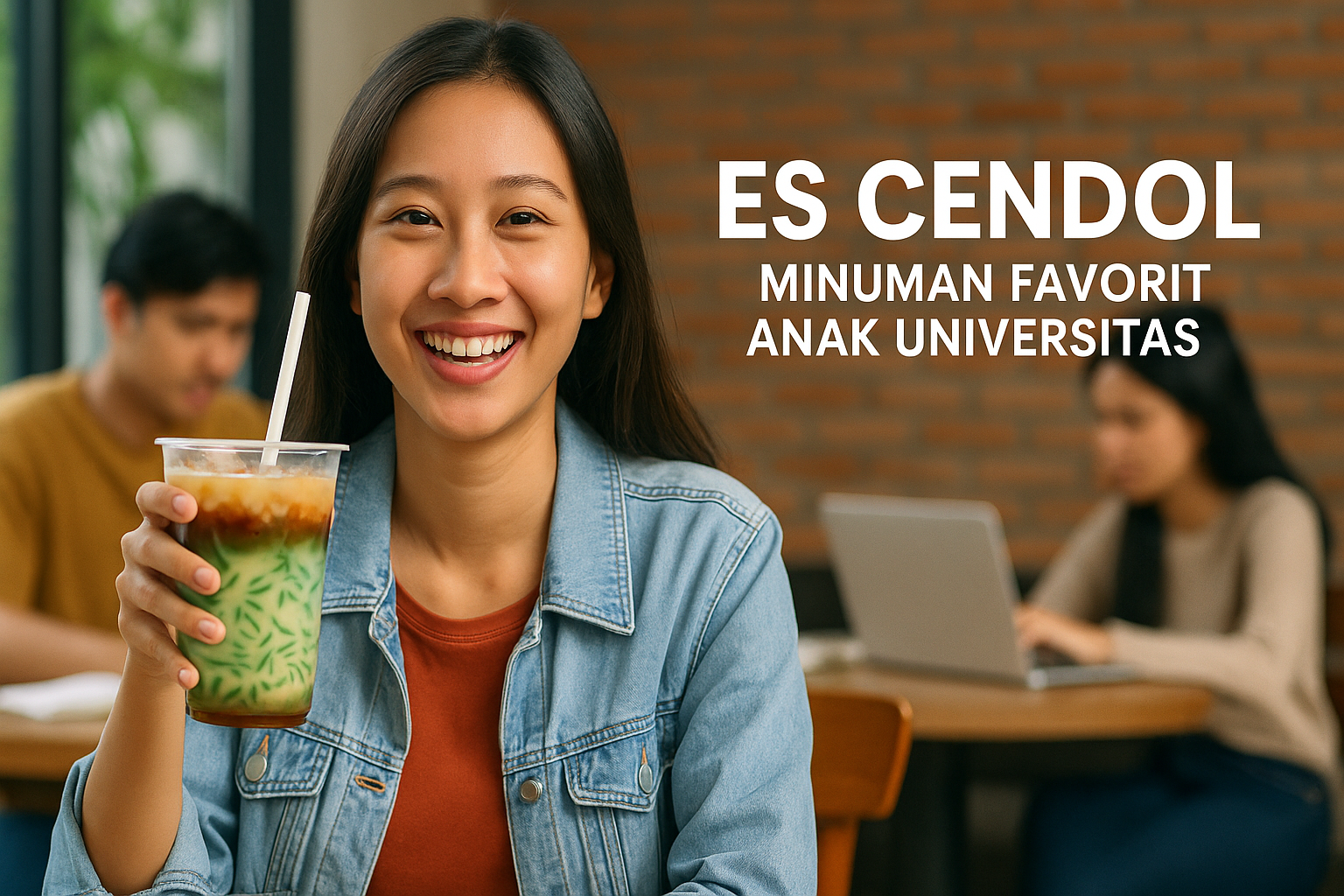 Mahasiswi sedang menikmati segelas es cendol di kafe kampus modern dengan suasana santai dan cerah