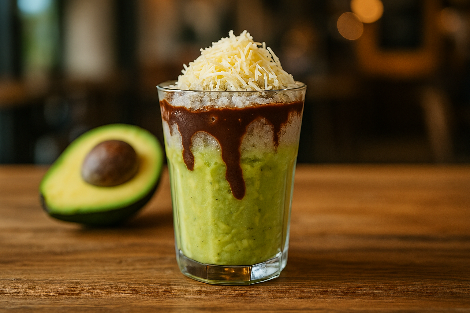 Gelas berisi es pokat kocok segar dengan alpukat, susu kental manis, cokelat leleh, dan topping keju parut di atas meja kafe modern dengan pencahayaan alami.