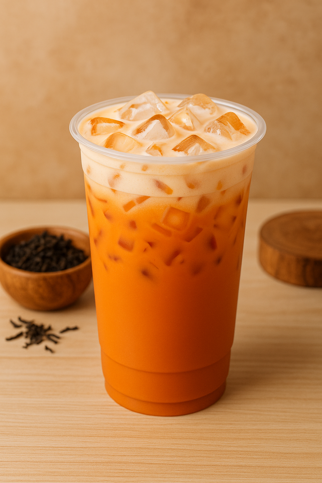 Segelas Thai Tea dingin berwarna oranye khas Thailand dengan es batu di atas meja kayu