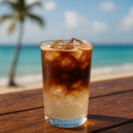 Segelas Coconut Water Americano dengan lapisan espresso dan air kelapa segar di atas es batu