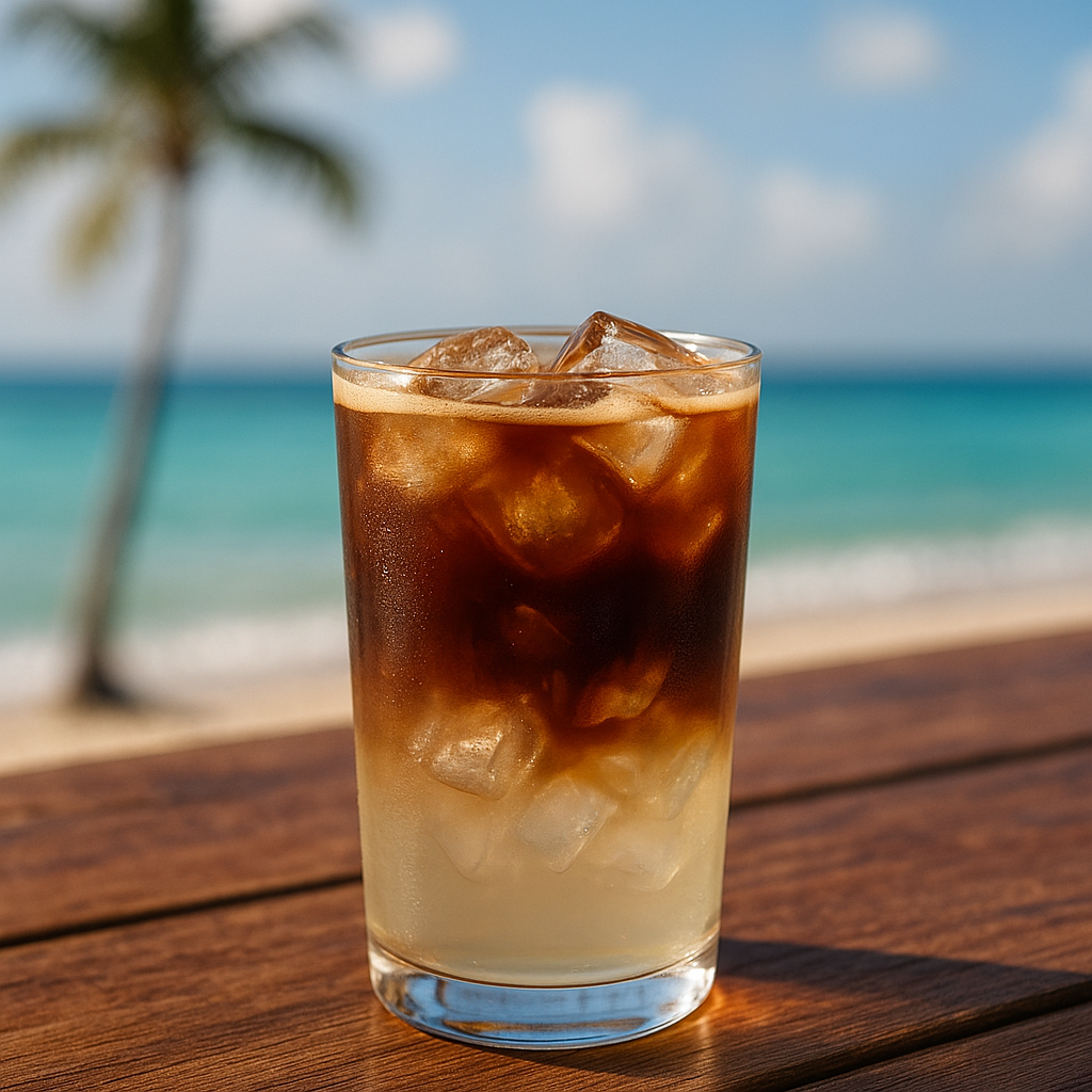 Segelas Coconut Water Americano dengan lapisan espresso dan air kelapa segar di atas es batu