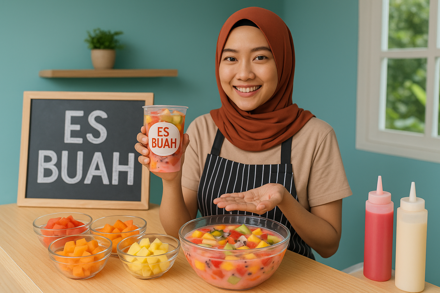 Penjual es buah modern tahun 2025 sedang menyiapkan es buah segar berwarna-warni di atas meja dengan suasana tropis cerah