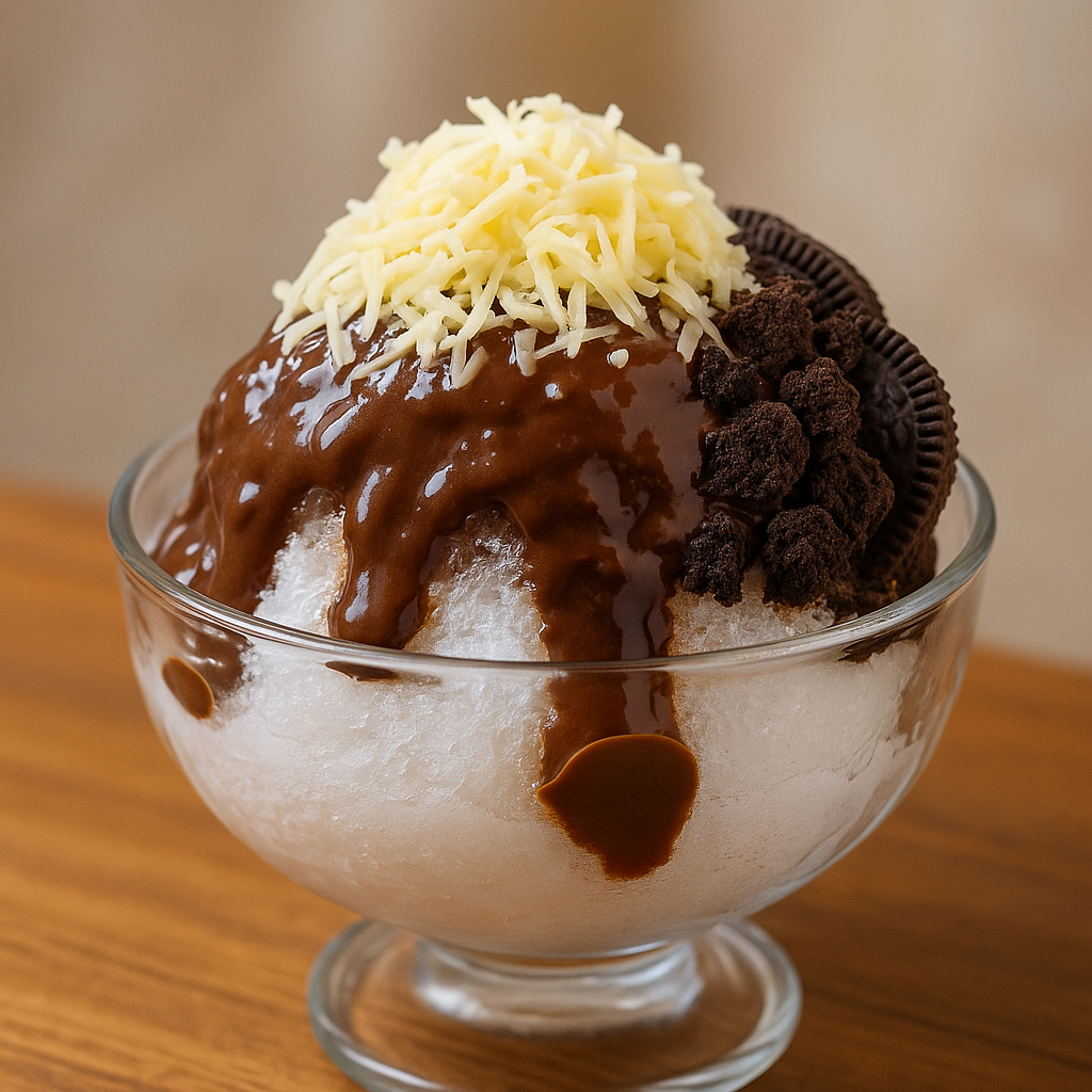 Es Kepal Milo dalam mangkuk kaca dengan lelehan cokelat kental dan topping keju serta remahan Oreo di atas es serut putih