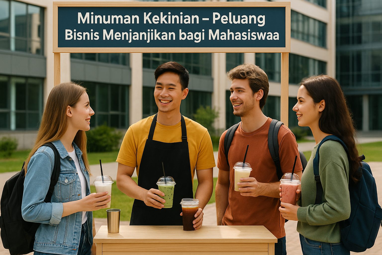 Mahasiswa berjualan minuman kekinian di area kampus modern dengan booth sederhana dan suasana kreatif.
