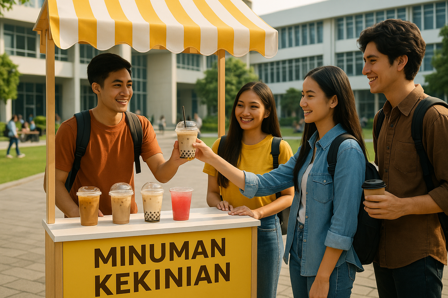 Mahasiswa kampus modern 2025 berjualan minuman kekinian di area kampus dengan booth kecil dan suasana ramai